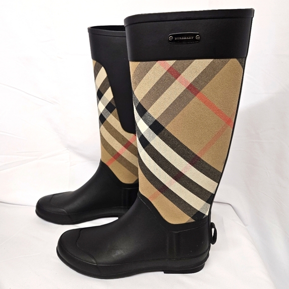 Burberry Shoes - Burberry Clemence Tall Plaid Nova Check Rain Boots In Black And Brown Size 37